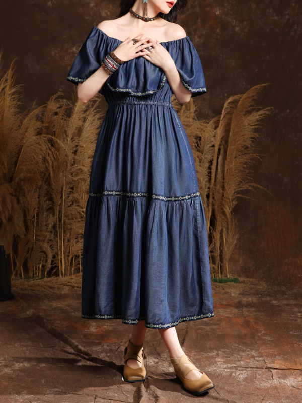 Women's Denim Dress High End Tribal Embroidery Floral off Sholder Western Style Cowgirl Dress