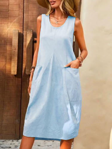 Women's Summer Dress Cotton Linen Sleeveless Crew Neck Midi Dress with Pocket