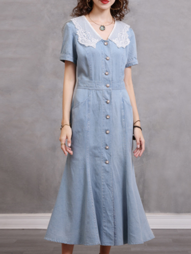 Women's Denim Dress Vintage Lace V-Neck Flare Hem Denim Midi Dress