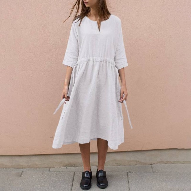 Women's Summer Dress Cotton Linen V-Neck Mid-Sleeve Loose Dress S-5XL