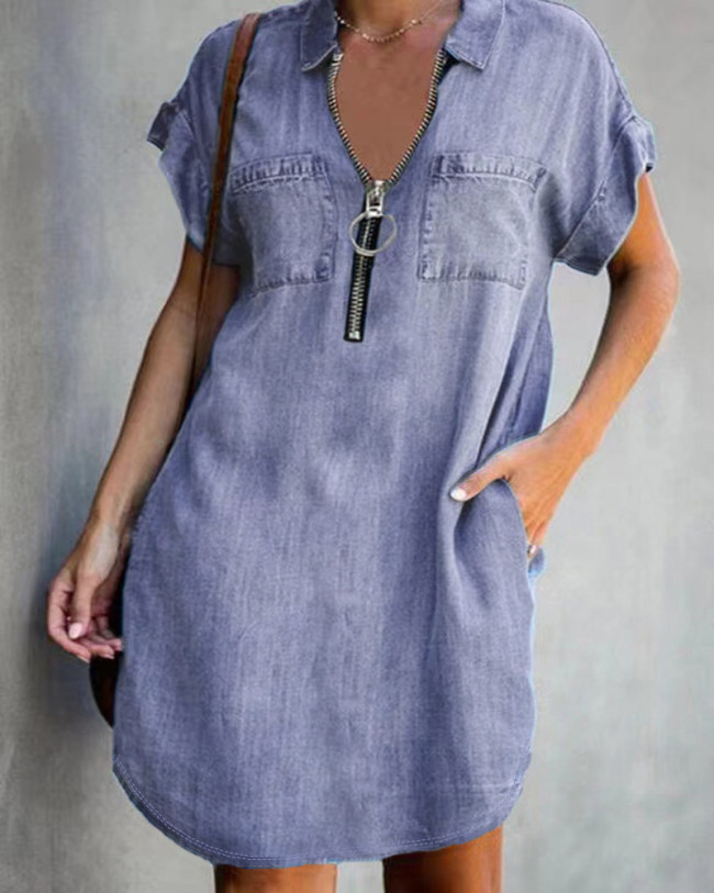 Women's Denim Dress Lapel V-Neck Front Zipped Short Sleeve Mini Dress 5Colors