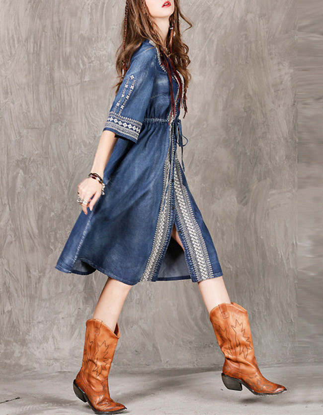 Women's Denim Dress High End Tribal Embroidery Floral V-Neck Mid Sleeve Western Style Cowgirl Dress