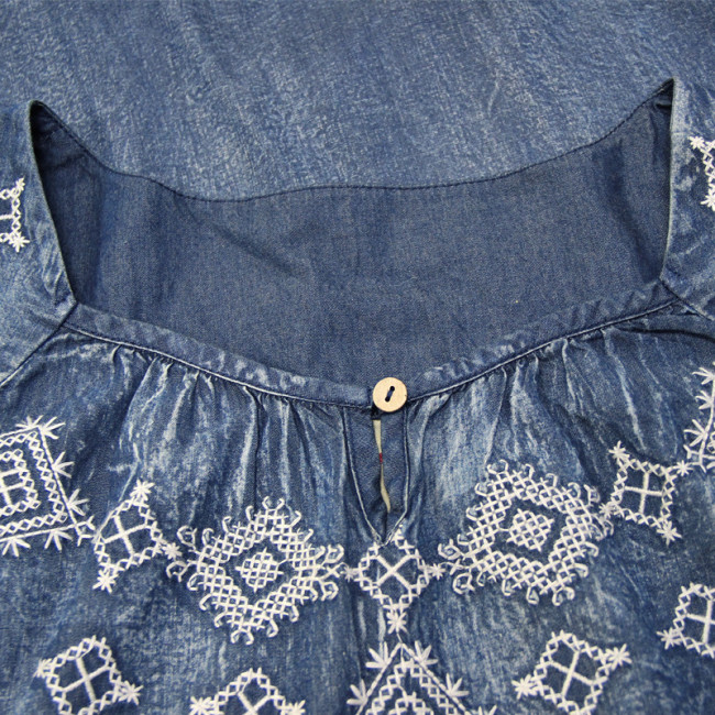 Women's Denim Dress High End Tribal Embroidery Floral Ruffle Western Style Cowgirl Vintage Dress