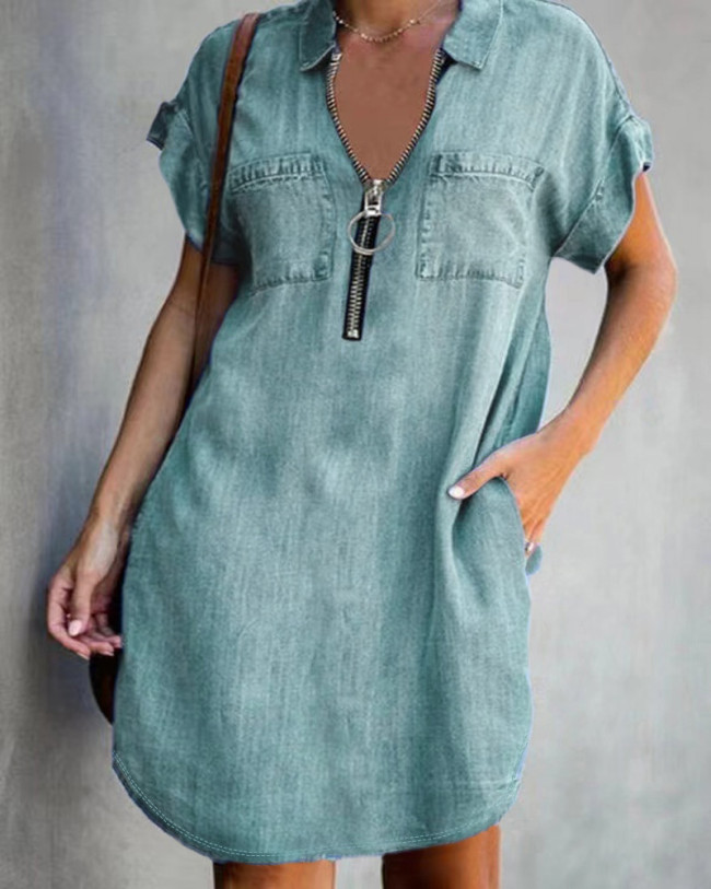 Women's Denim Dress Lapel V-Neck Front Zipped Short Sleeve Mini Dress 5Colors