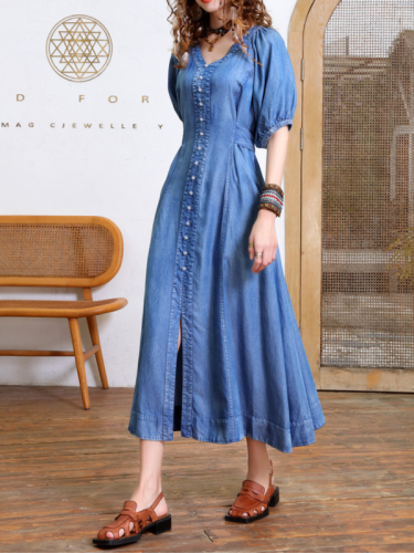 Women's Denim Dress High End V-Neck Puff Short Sleeve Western Style Cowgirl Dress