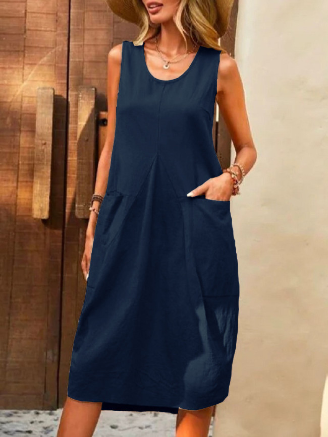 Women's Summer Dress Cotton Linen Sleeveless Crew Neck Midi Dress with Pocket