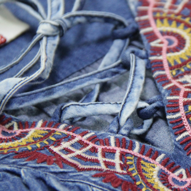 Women's Denim Blouse Vintage Tribal Embroidery Floral V-Neck Long Sleeve Blouse