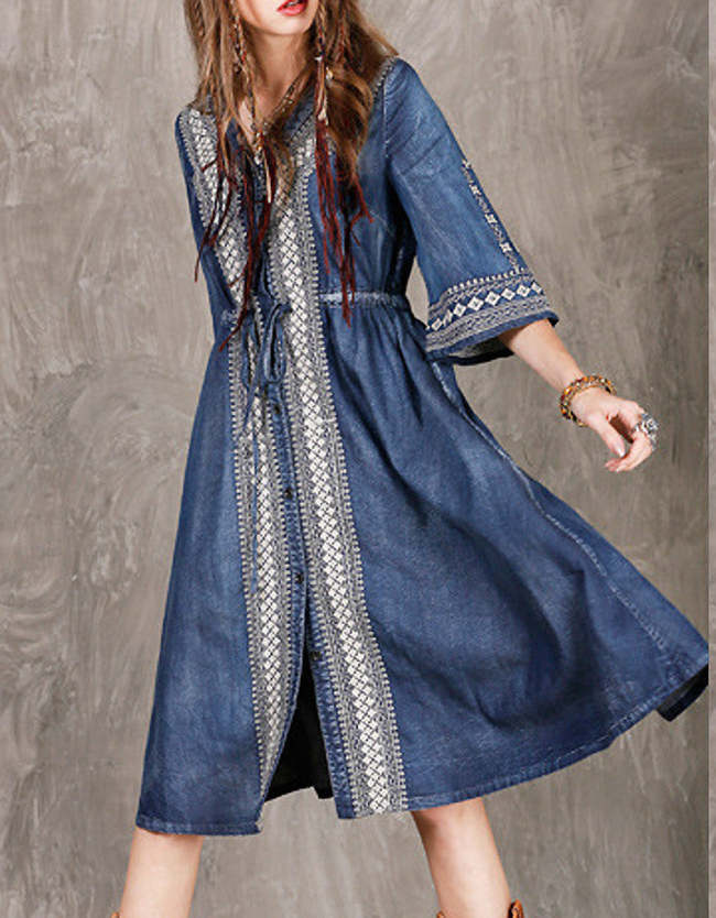 Women's Denim Dress High End Tribal Embroidery Floral V-Neck Mid Sleeve Western Style Cowgirl Dress