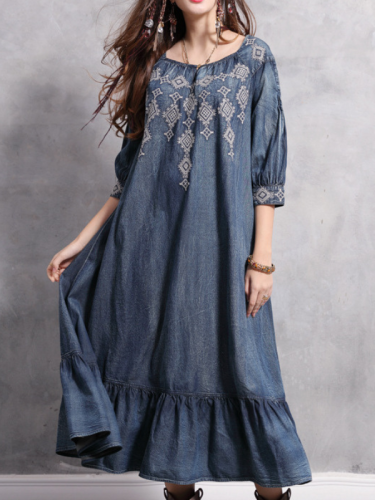 Women's Denim Dress High End Tribal Embroidery Floral Ruffle Western Style Cowgirl Vintage Dress