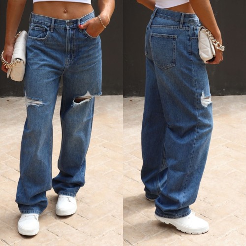 Loose Ripped Jeans Washed Wide Leg Straight Leg Denim Pants