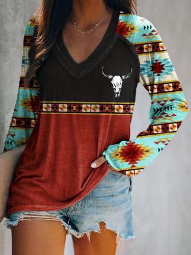 Women's Western Ethnic Print V Neck Long Sleeve T-Shirt