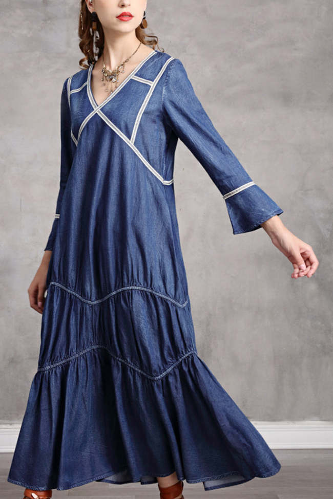 Women's Denim Dress V-neck Ruffle Hem Denim Loose Dress