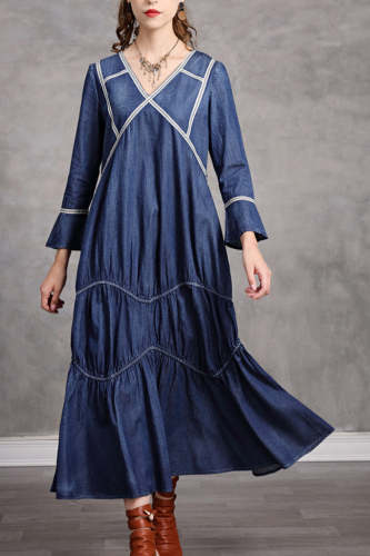 Women's Denim Dress V-neck Ruffle Hem Denim Loose Dress