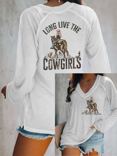 Women's Long Live The Cowgirls Western Print V-Neck Long Sleeve T-Shirt