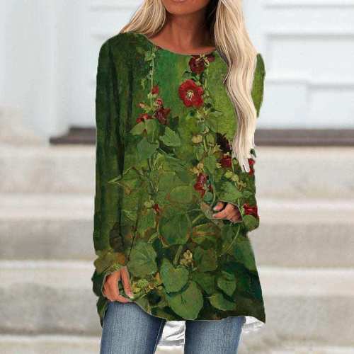 Women's Vintage Oil Painting Floral Top Crew Neck Long Sleeve Loose Tunic Top Plus Size