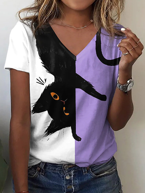 Women's Cute Cat Color Patchwork Print T-Shirt V-Neck Short Sleeve Cat Casual Tee