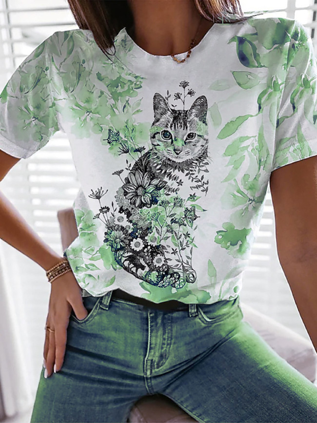 Women's Cute Cat and Floral Vintage Print T-Shirt Crew Neck Short Sleeve 3D Cat Casual Tee