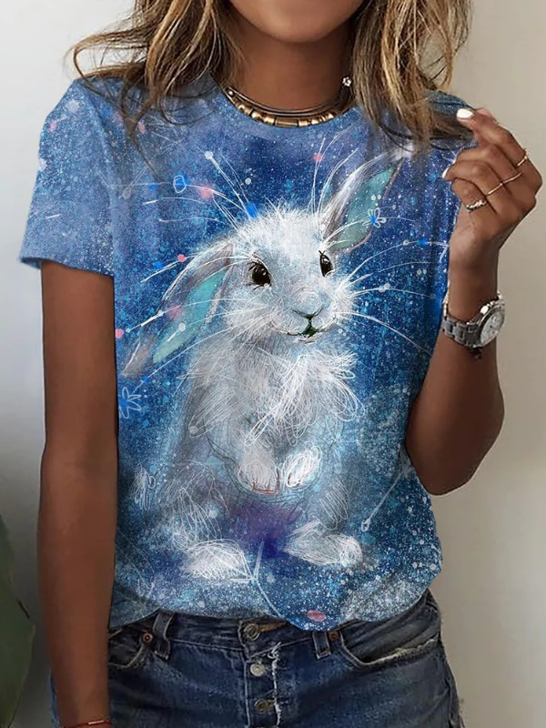 Women's Cute Rabbit Print T-Shirt Crew Neck Short Sleeve 3D Cat Casual Tee