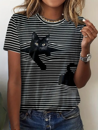 Women's Cute Cat and Striped Print T-Shirt Crew Neck Short Sleeve 3D Cat Casual Tee