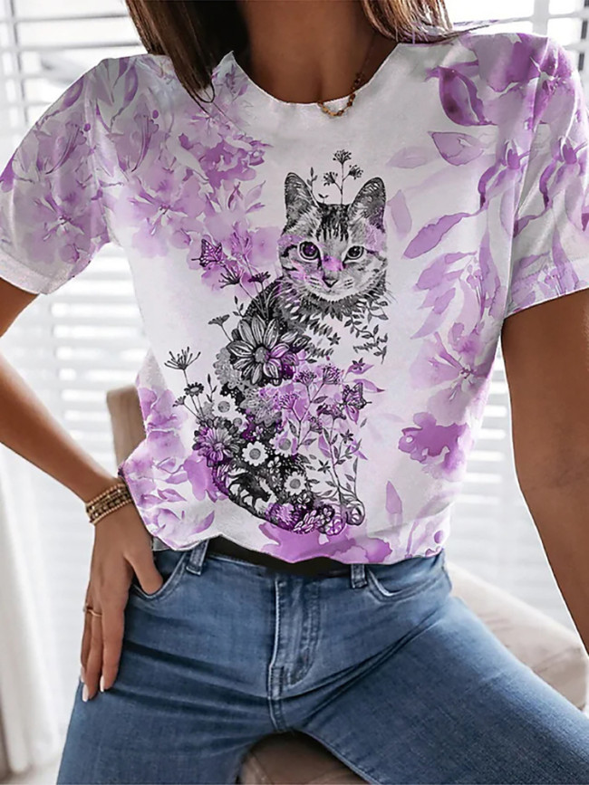 Women's Cute Cat and Floral Vintage Print T-Shirt Crew Neck Short Sleeve 3D Cat Casual Tee