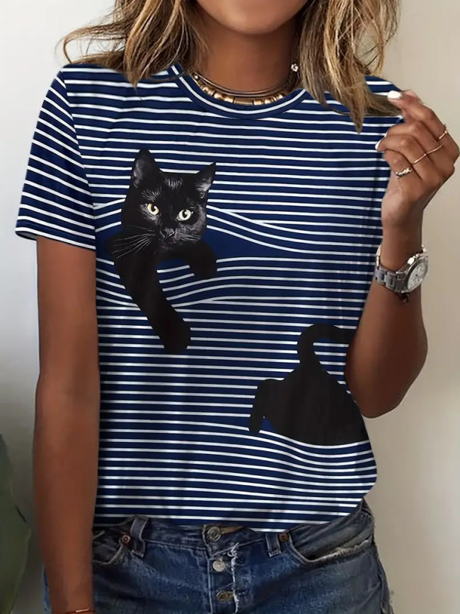 Women's Cute Cat and Striped Print T-Shirt Crew Neck Short Sleeve 3D Cat Casual Tee