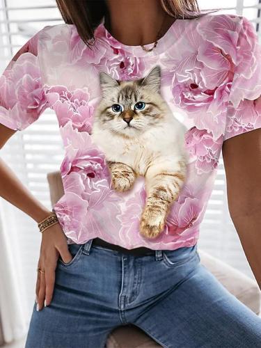 Women's Cute Cat and Floral Print T-Shirt Crew Neck Short Sleeve 3D Cat Casual Tee