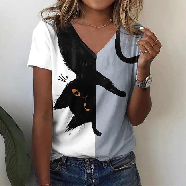 Women's Cute Cat Color Patchwork Print T-Shirt V-Neck Short Sleeve Cat Casual Tee