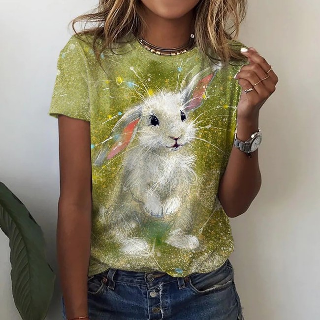 Women's Cute Rabbit Print T-Shirt Crew Neck Short Sleeve 3D Cat Casual Tee