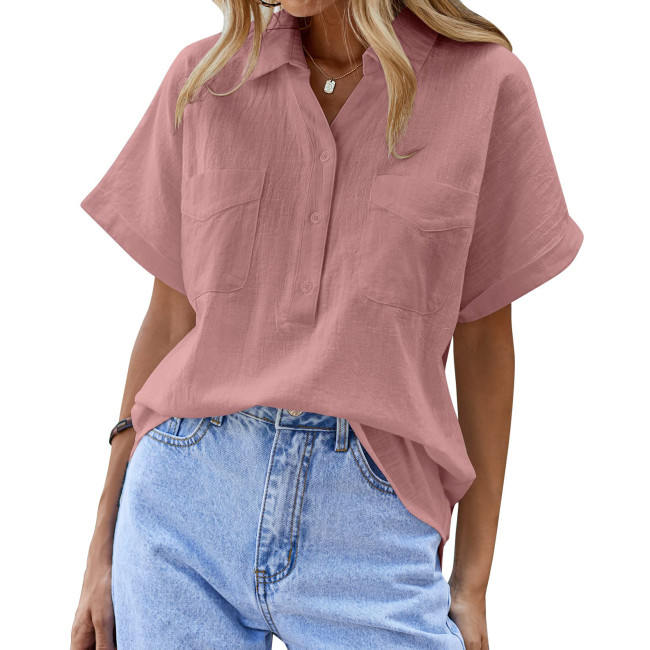 Women's Cotton Linen Shirts V-Neck Front Pocket Short Sleeve Loose Blouse Shirt