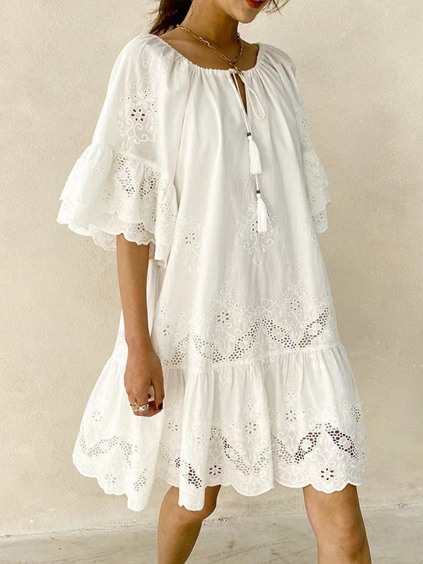 Women's Boho Beach Dress Summer White Bohemian Hollow Out Mini Dress