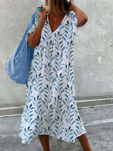 Women's Boho Beach Dress Summer V-Neck Short Sleeve Floral Print Dress