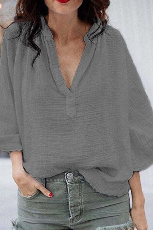 Women's Linen Shirts V-Neck Loose Mid Sleeve Solid Color Shirt Blouse