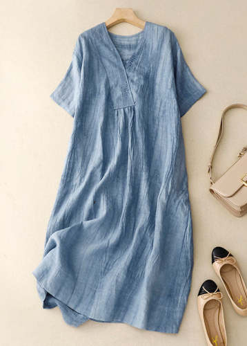 Women's Linen Dress Blue/Yellow V Neck Wrinkled Patchwork Linen Midi Dress Summer Dress