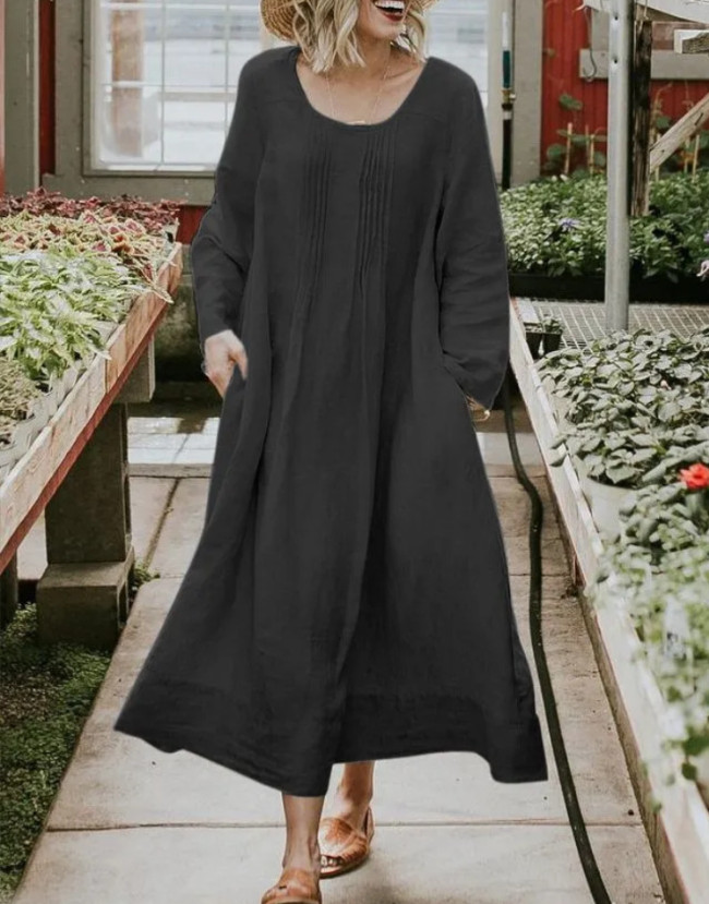 Women's Linen Dress Round Neck Ruffled Solid Color Long Sleeve Midi Cotton Linen Dress