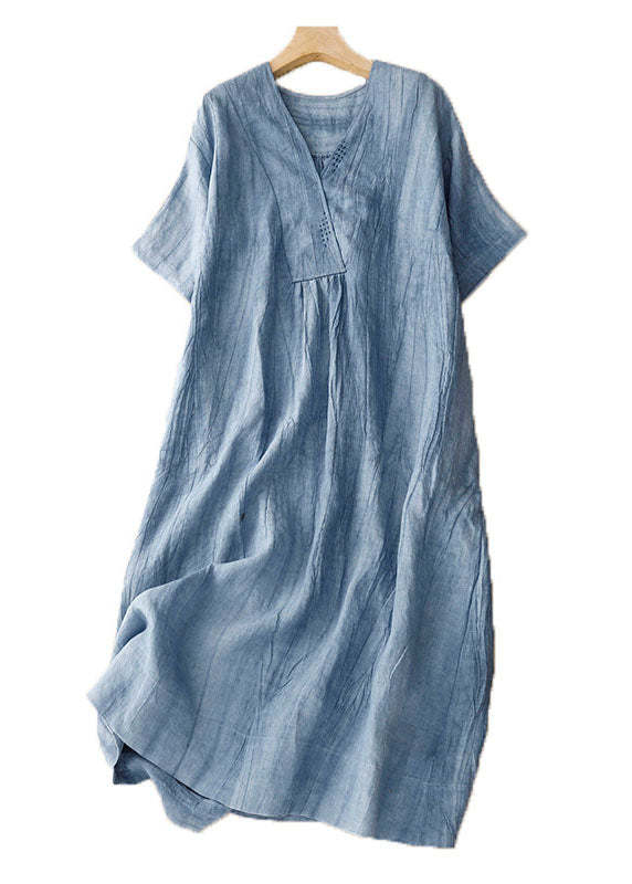 Women's Linen Dress Blue/Yellow V Neck Wrinkled Patchwork Linen Midi Dress Summer Dress