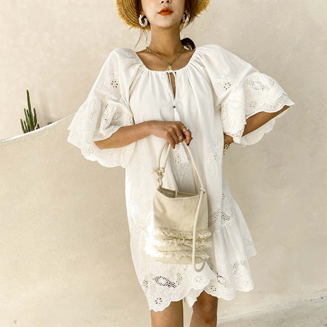 Women's Boho Beach Dress Summer White Bohemian Hollow Out Mini Dress