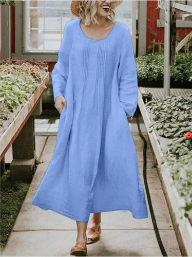 Women's Linen Dress Round Neck Ruffled Solid Color Long Sleeve Midi Cotton Linen Dress