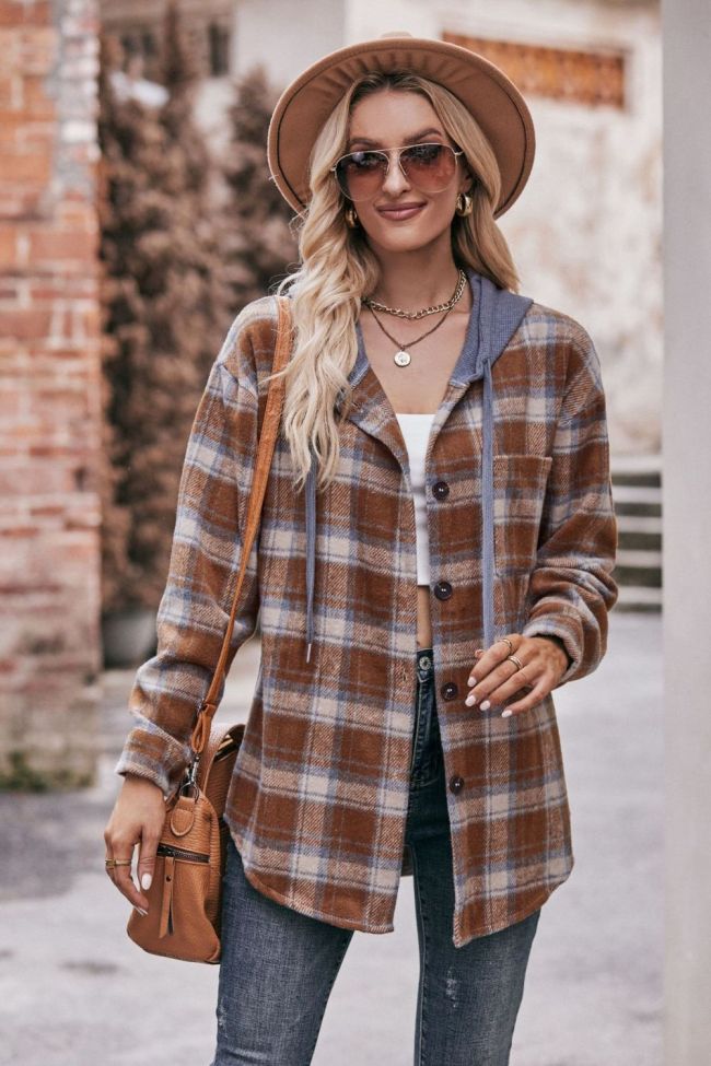 Women's Fall Outfits Plaid Hooded Loose Jacket