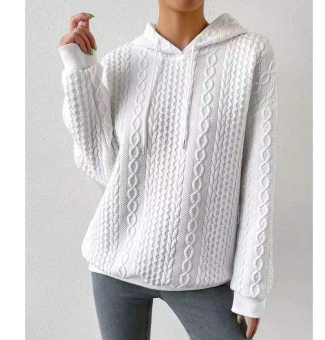 Women's Sweatshirts Cable Textured Drop Shoulder Drawstring Hoodie