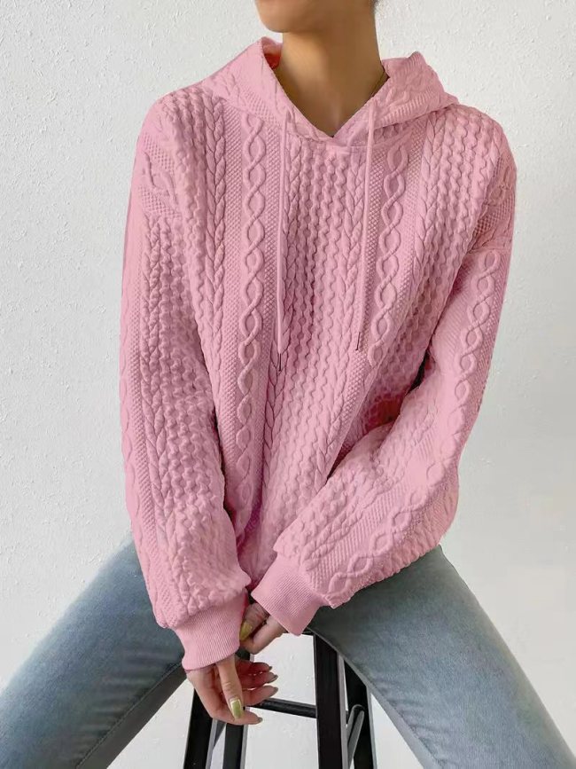 Women's Sweatshirts Cable Textured Drop Shoulder Drawstring Hoodie