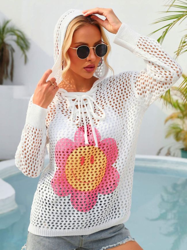 Flower Graphic Lace-Up Hooded Top Summer Beach Cover UP