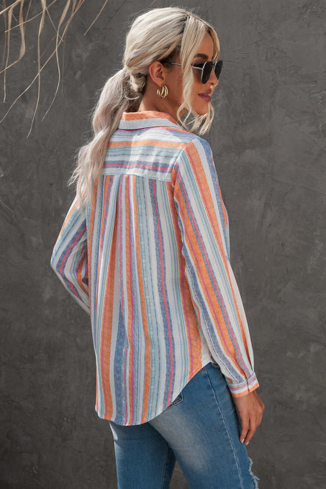 Women's Rainbow Colorful Striped Shirts Button-Up Curved Hem Shirt