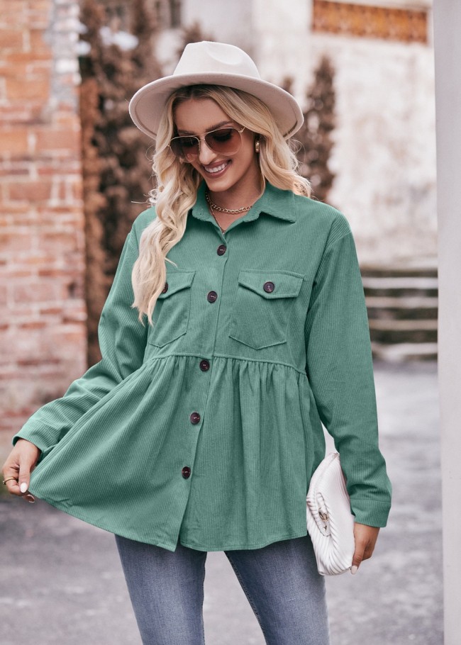 Womens Corduroy Button Down Shacket Casual Babydoll Long Sleeve Pocketed Blouses Tops