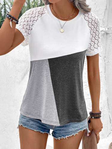 Women's Casual T-Shirts Color Block Raglan Lace Sleeve Tee
