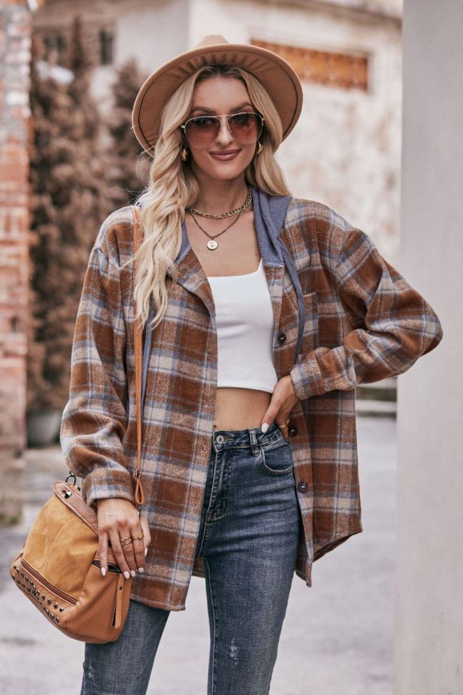 Women's Fall Outfits Plaid Hooded Loose Jacket