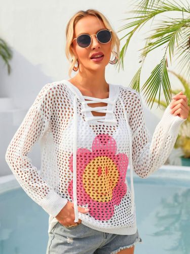 Flower Graphic Lace-Up Hooded Top Summer Beach Cover UP