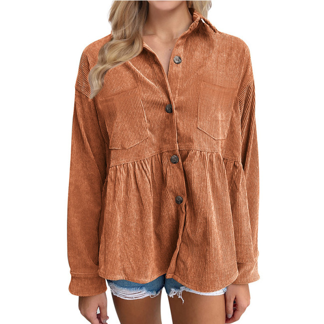 Womens Corduroy Shacket Casual Babydoll Long Sleeve with Front Pocketed Blouses Tops Outwear