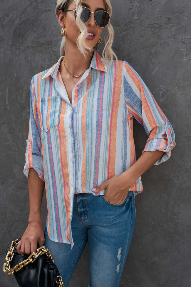 Women's Rainbow Colorful Striped Shirts Button-Up Curved Hem Shirt