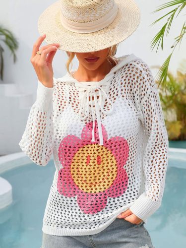 Flower Graphic Lace-Up Hooded Top Summer Beach Cover UP