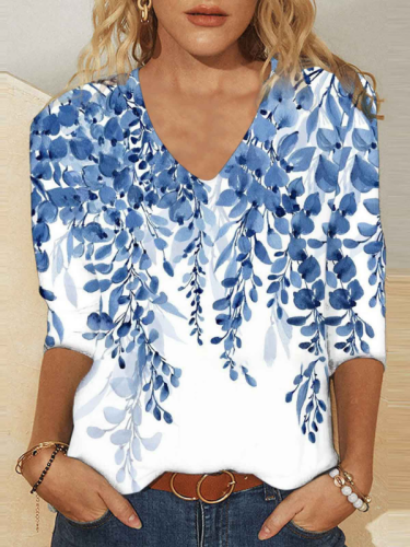 Womens Floral Print T-Shirts Light Weight V-Neck Long Sleeve Tops S-5XL